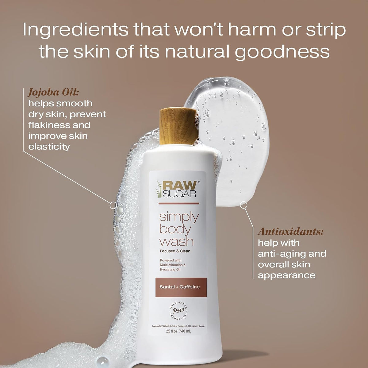 Raw Sugar Simply Body Wash, Santal + Caffeine, 25 fl oz Sulfate-Free