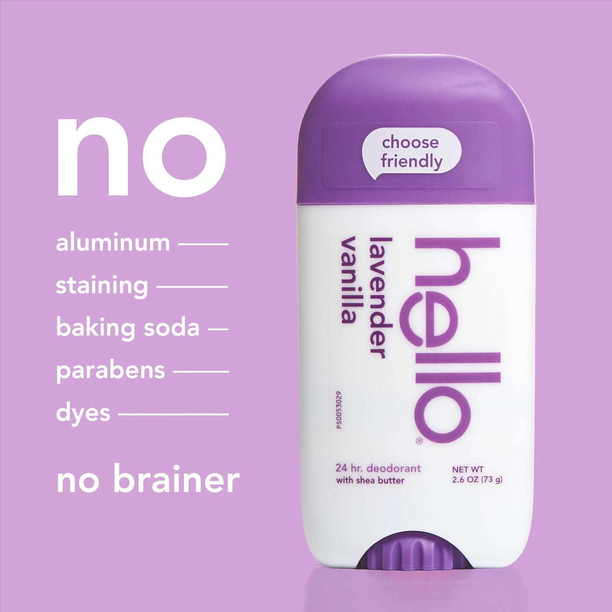 hello Lavender Vanilla Aluminum-Free Deodorant, 2.6 oz Baking Soda Free, Shea Butter